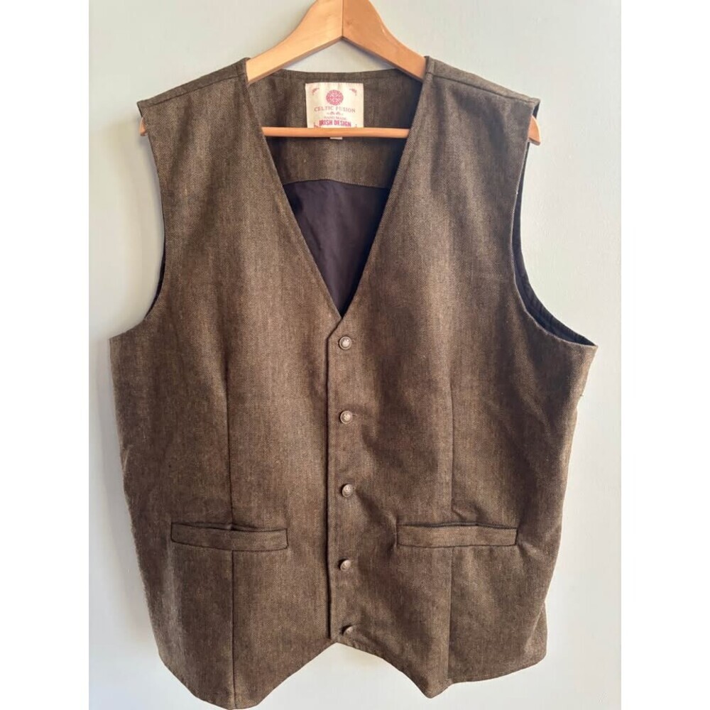 Celtic Fusion Men’s Tweed Waistcoat Handmade Irish Design Brown Herringbone 3XL